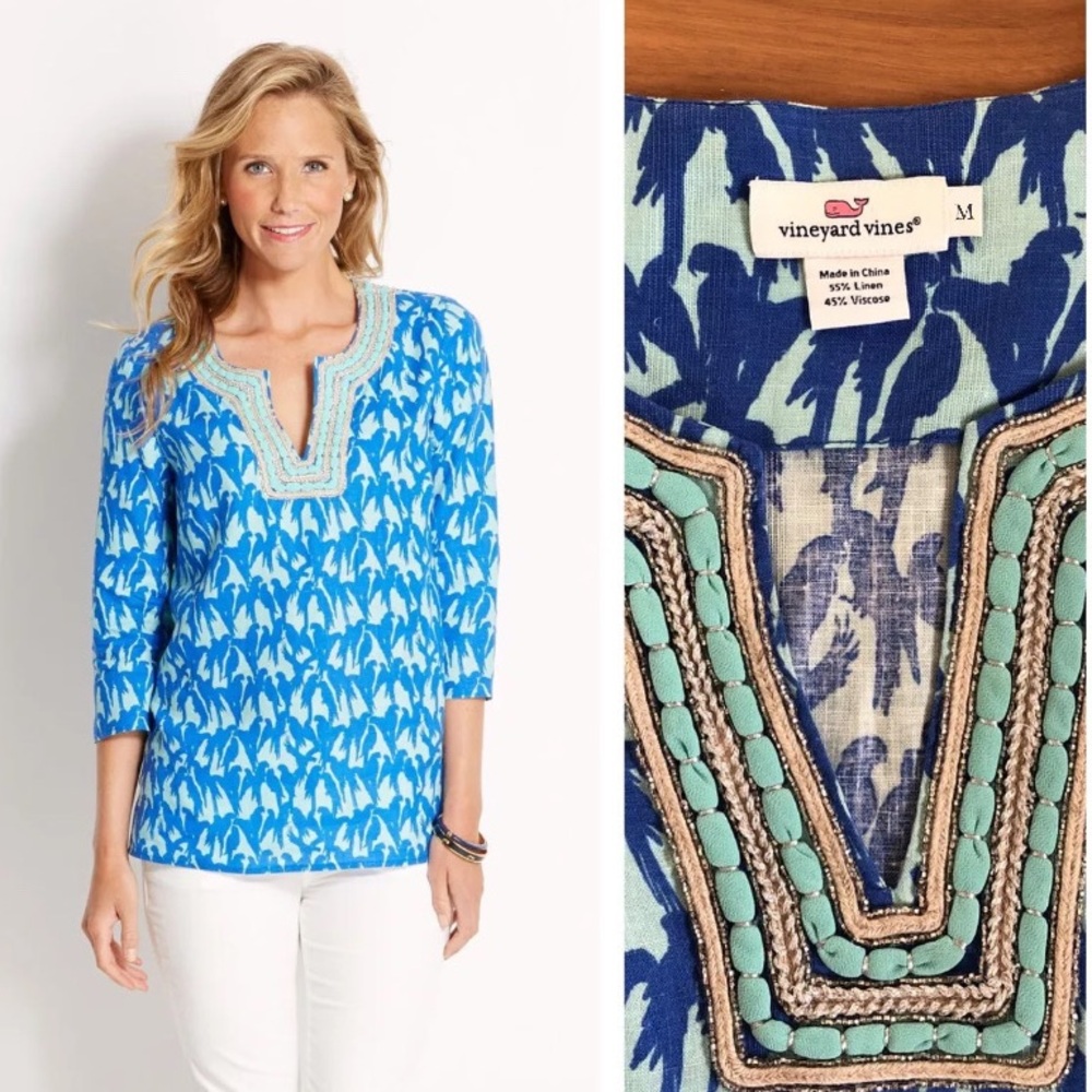 Vineyard Vines parrot embroidered linen blend tunic